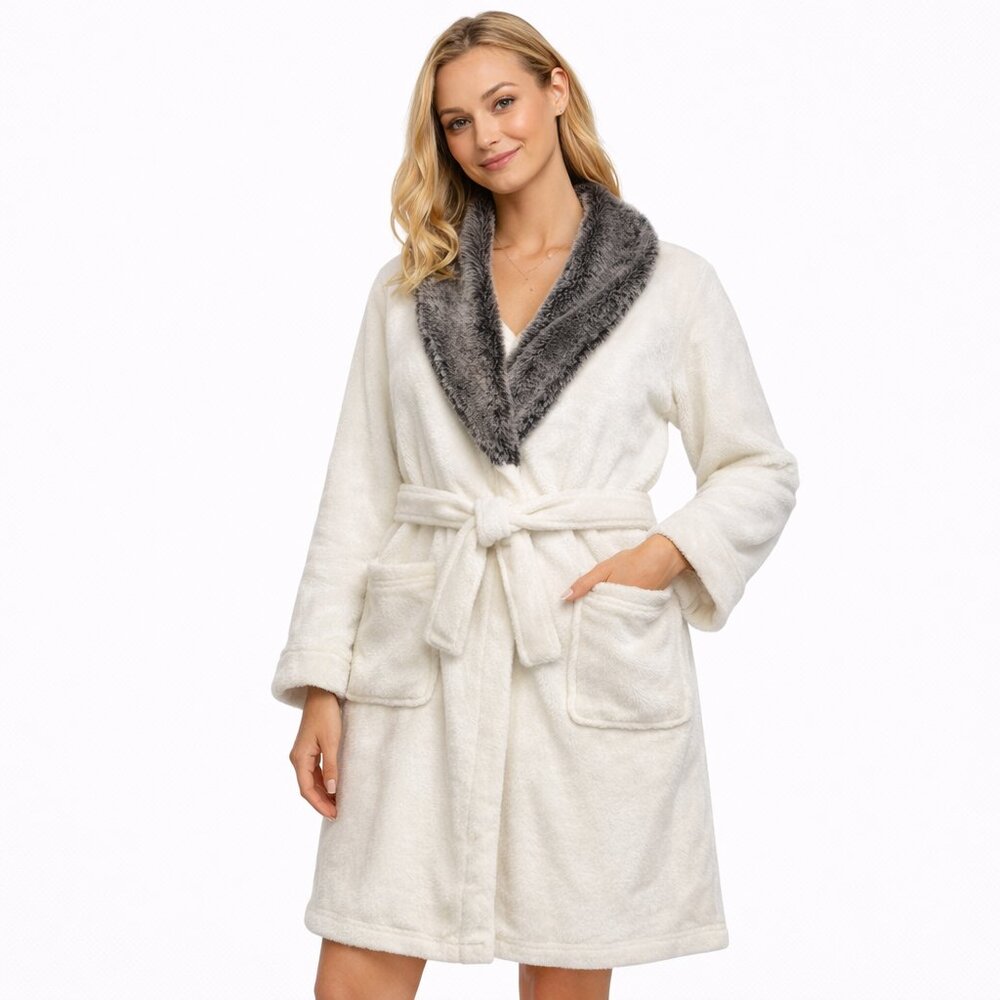 Cervantes Plush Shawl Collar Faux Fur Trim Belted Robe Ivory Gray L/XL